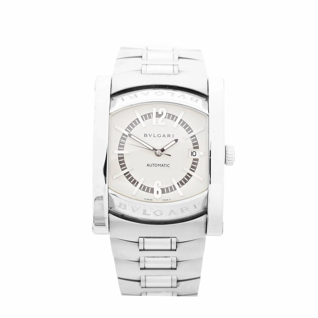 BVLGARI Assioma stainless steel bracelet watch with light dial, large 12 and 6 numerals, and date window at 3 o’clock