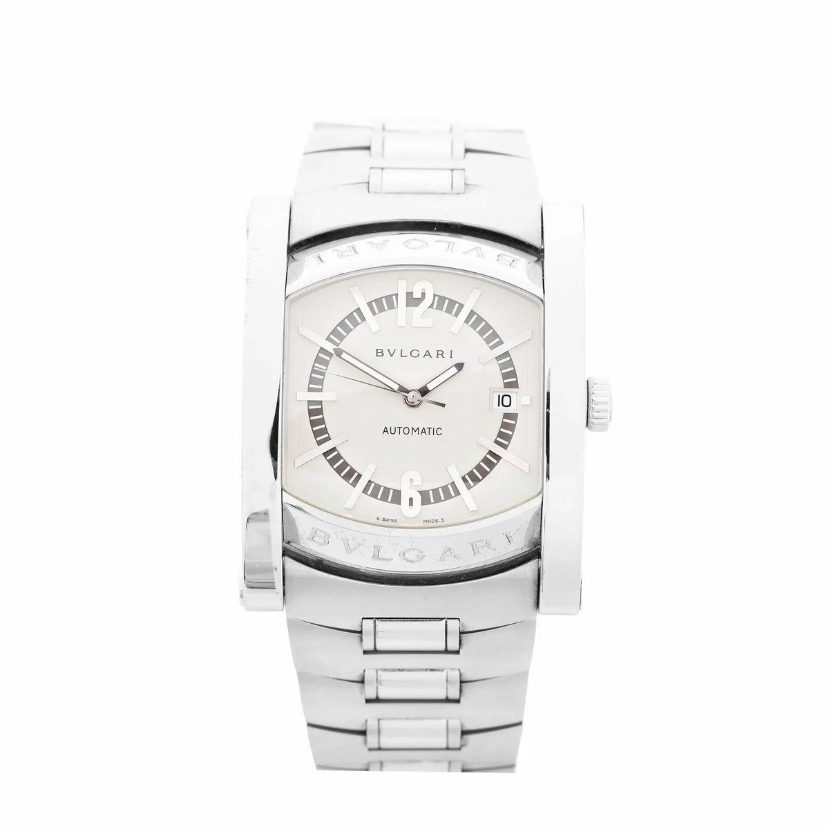 BVLGARI Assioma stainless steel bracelet watch with light dial, large 12 and 6 numerals, and date window at 3 o’clock