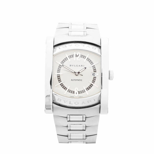 BVLGARI Assioma stainless steel bracelet watch with light dial, large 12 and 6 numerals, and date window at 3 o’clock