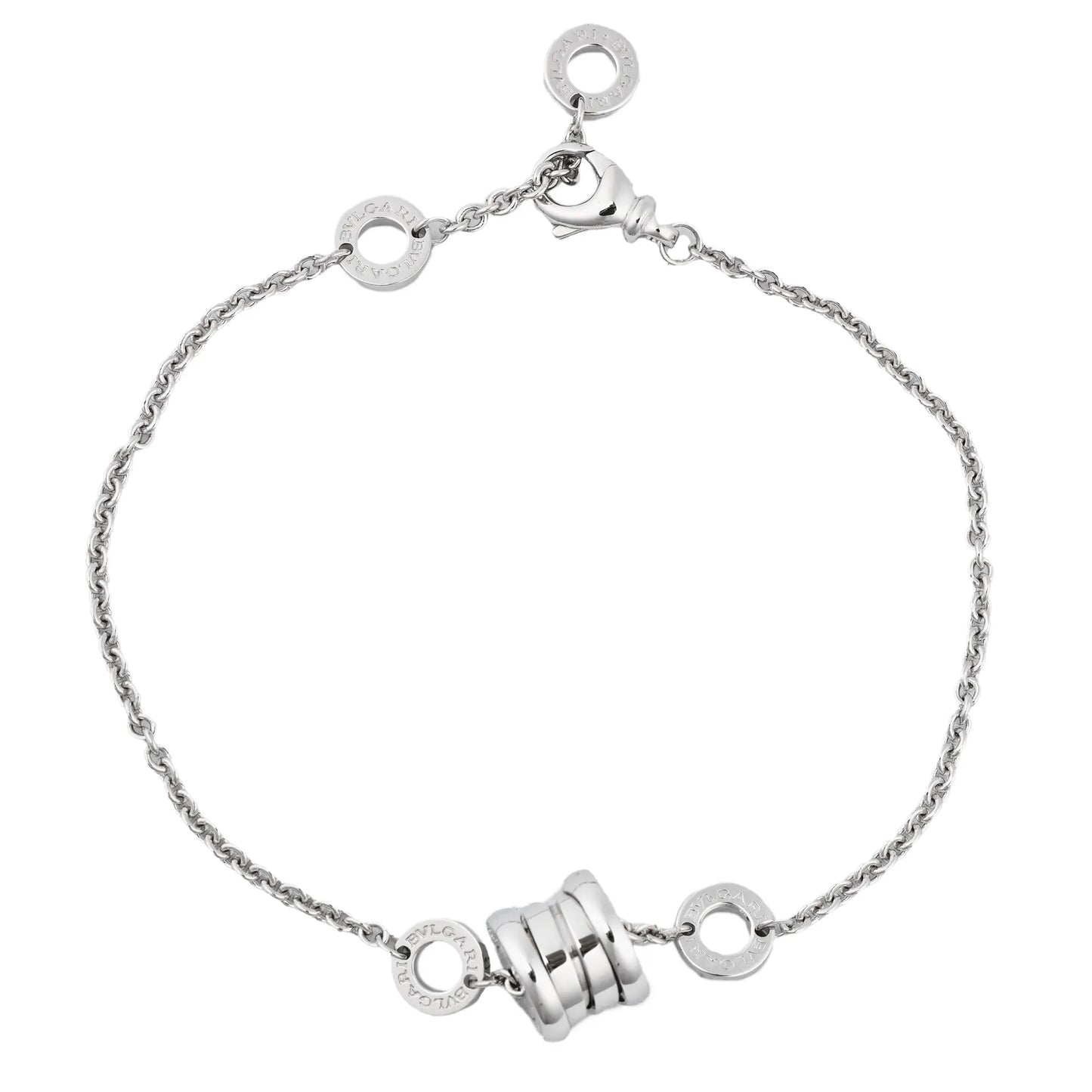 Bvlgari B.Zero1 bracelet crafted in 18K white gold, featuring a delicate chain, iconic circular logo accents, and central spiral motif, weighing 6.8 grams.