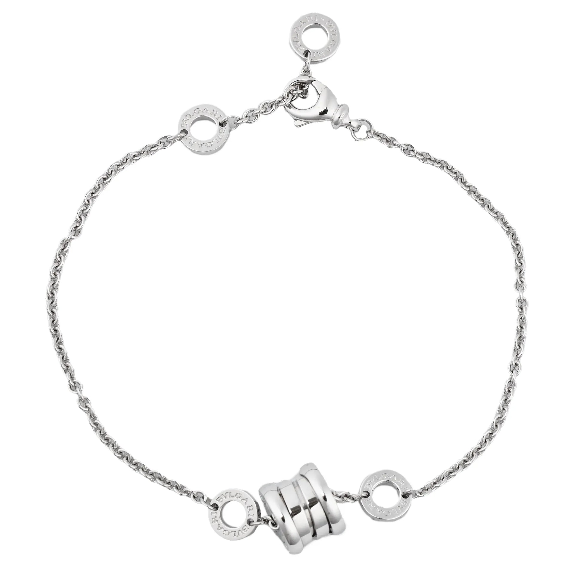 Bvlgari B.Zero1 bracelet crafted in 18K white gold, featuring a delicate chain, iconic circular logo accents, and central spiral motif, weighing 6.8 grams.