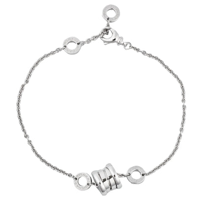 Bvlgari B.Zero1 bracelet crafted in 18K white gold, featuring a delicate chain, iconic circular logo accents, and central spiral motif, weighing 6.8 grams.