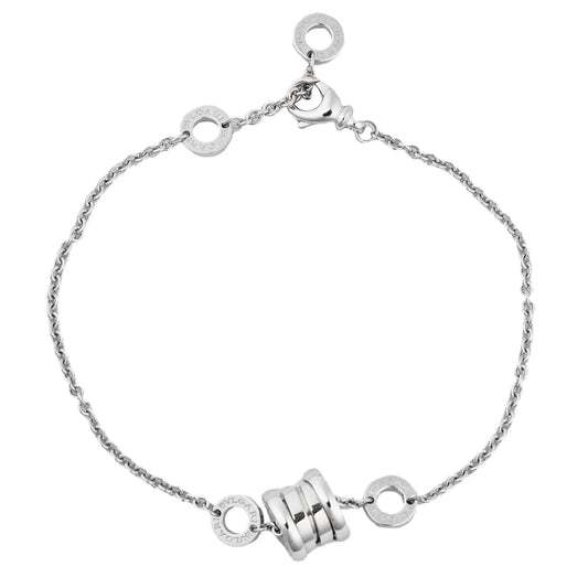 Bvlgari B.Zero1 bracelet crafted in 18K white gold, featuring a delicate chain, iconic circular logo accents, and central spiral motif, weighing 6.8 grams.