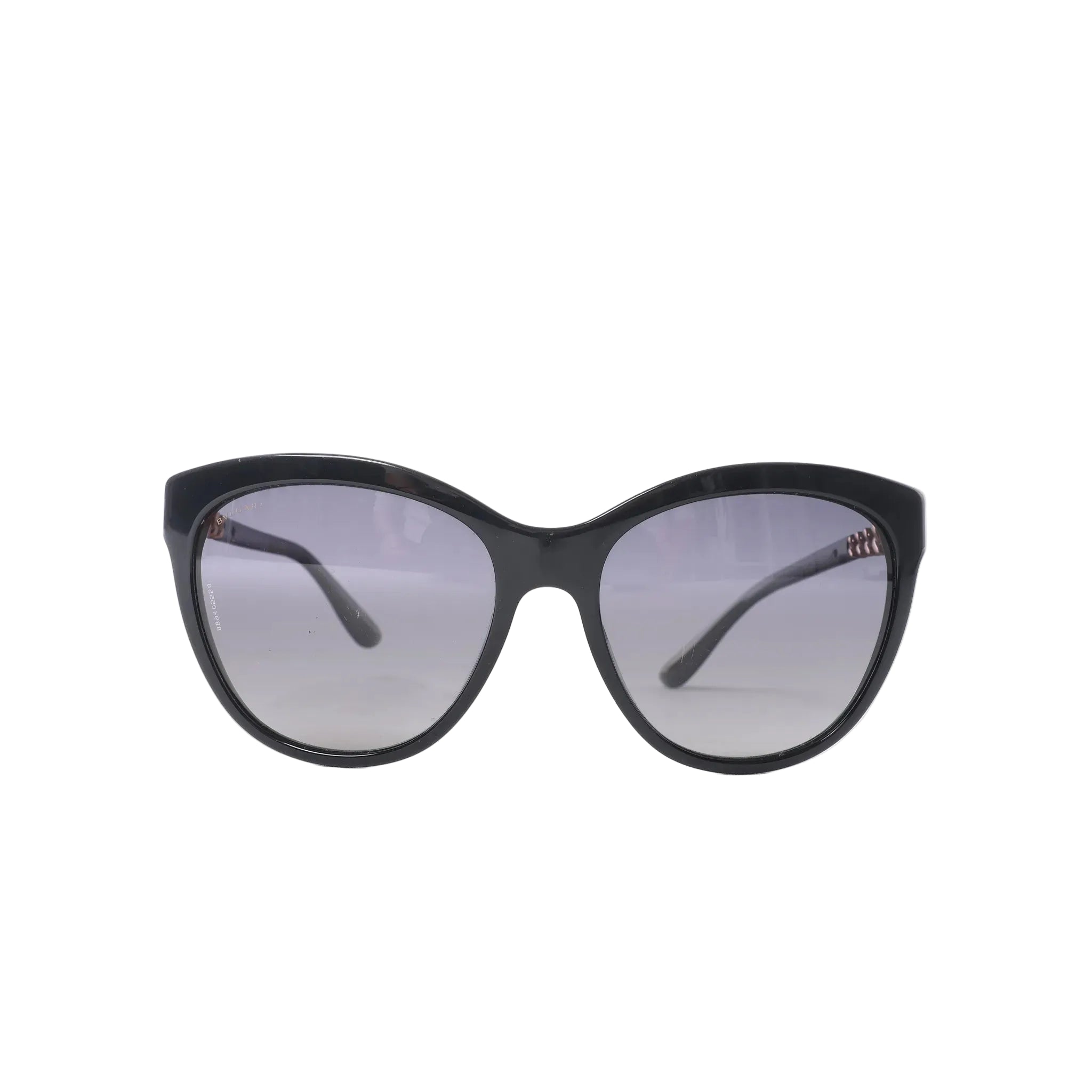 Bvlgari BV8158 black cat-eye sunglasses with gray tinted lenses, glossy frame, slim curved temples and subtle gold-tone branding on white background.