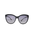 Bvlgari BV8158 black cat-eye sunglasses with gray tinted lenses, glossy frame, slim curved temples and subtle gold-tone branding on white background.