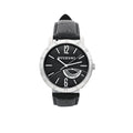 Bvlgari Bvlgari watch with a black textured dial, silver-tone hands and markers, power reserve display, engraved bezel and black leather strap.