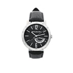 Bvlgari Bvlgari watch with a black textured dial, silver-tone hands and markers, power reserve display, engraved bezel and black leather strap.