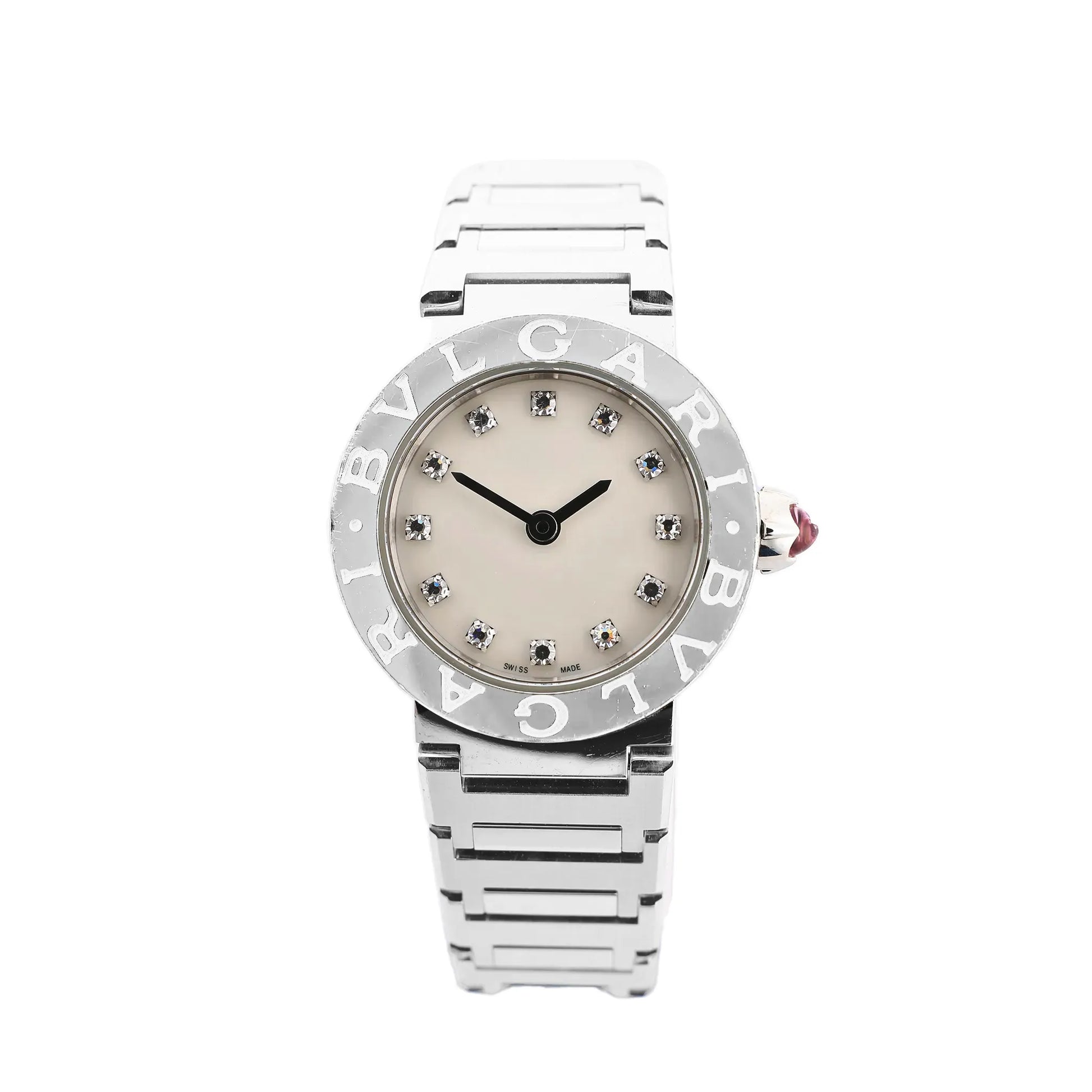 BVLGARI BB23S women's quartz watch with stainless steel bracelet, shell dial, diamond hour markers, and engraved BVLGARI bezel.