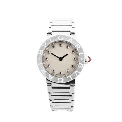 BVLGARI BB23S women's quartz watch with stainless steel bracelet, shell dial, diamond hour markers, and engraved BVLGARI bezel.