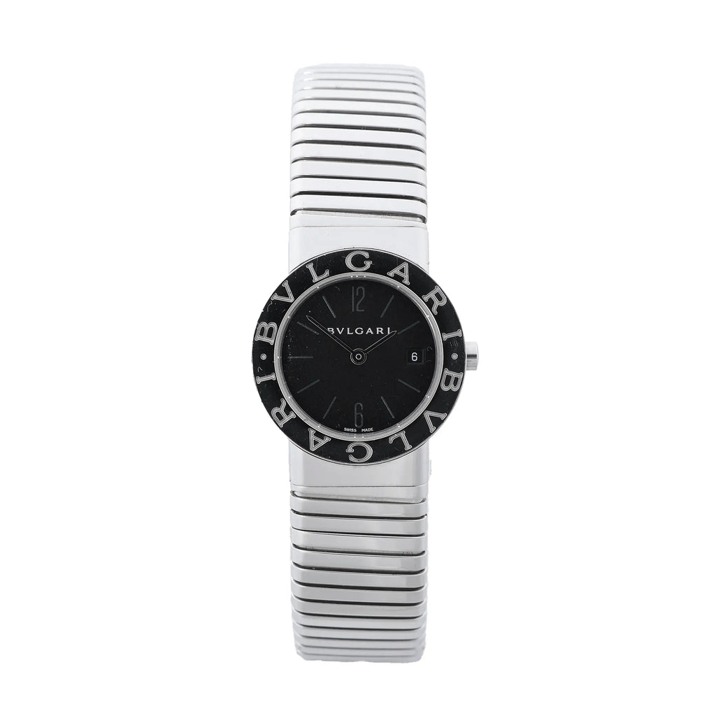 Bvlgari Bvlgari Tubogas stainless steel watch with black dial, black logo bezel, date window, round case and flexible bracelet on white background.