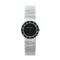 Bvlgari Bvlgari Tubogas stainless steel watch with black dial, black logo bezel, date window, round case and flexible bracelet on white background.