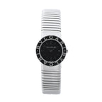 Bvlgari Bvlgari Tubogas stainless steel watch with black dial, black logo bezel, date window, round case and flexible bracelet on white background.