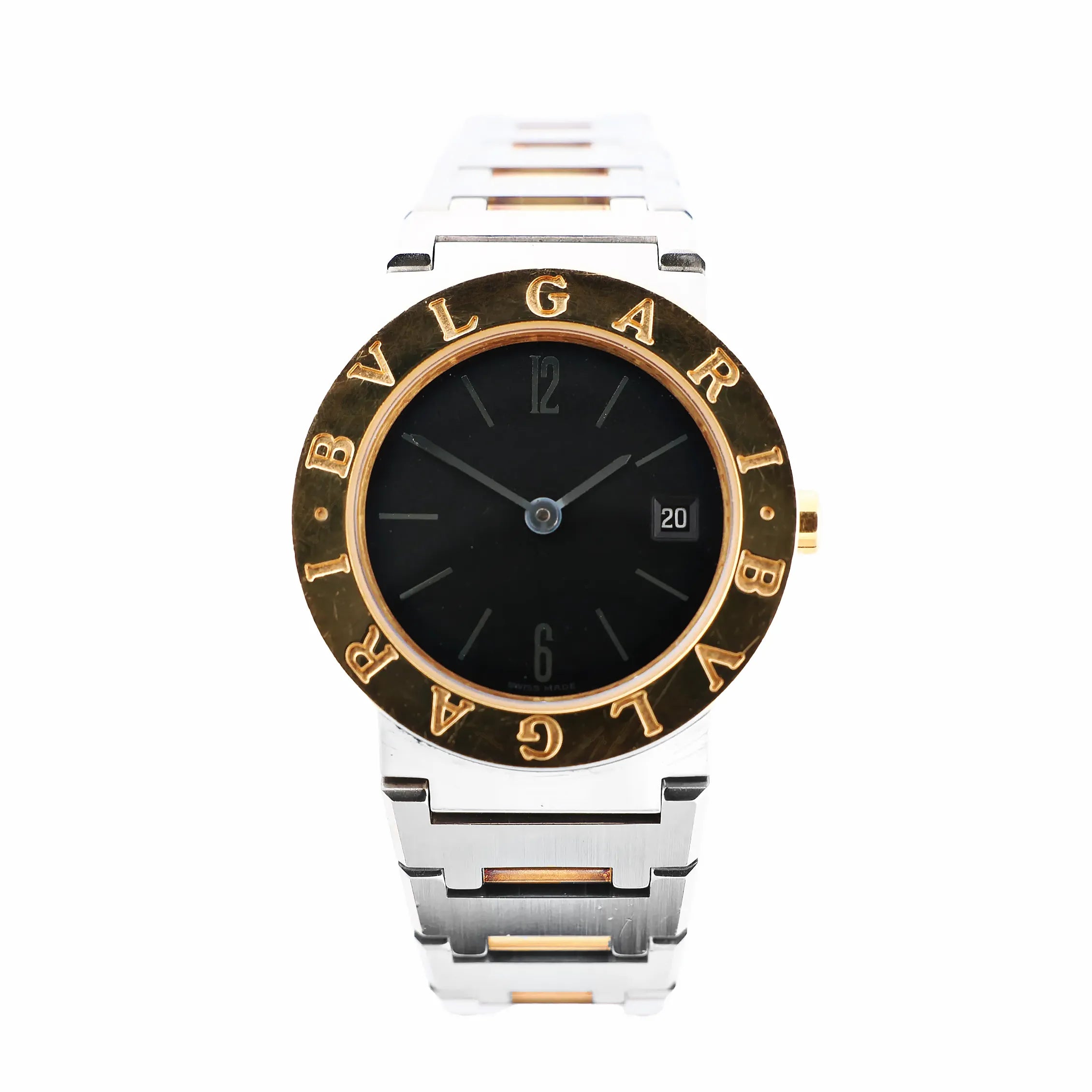 Close-up of a Bvlgari BB26SGD watch featuring a black dial, date display at 3 o’clock, yellow gold bezel engraved with “BVLGARI,” and a two-tone stainless steel and gold bracelet.