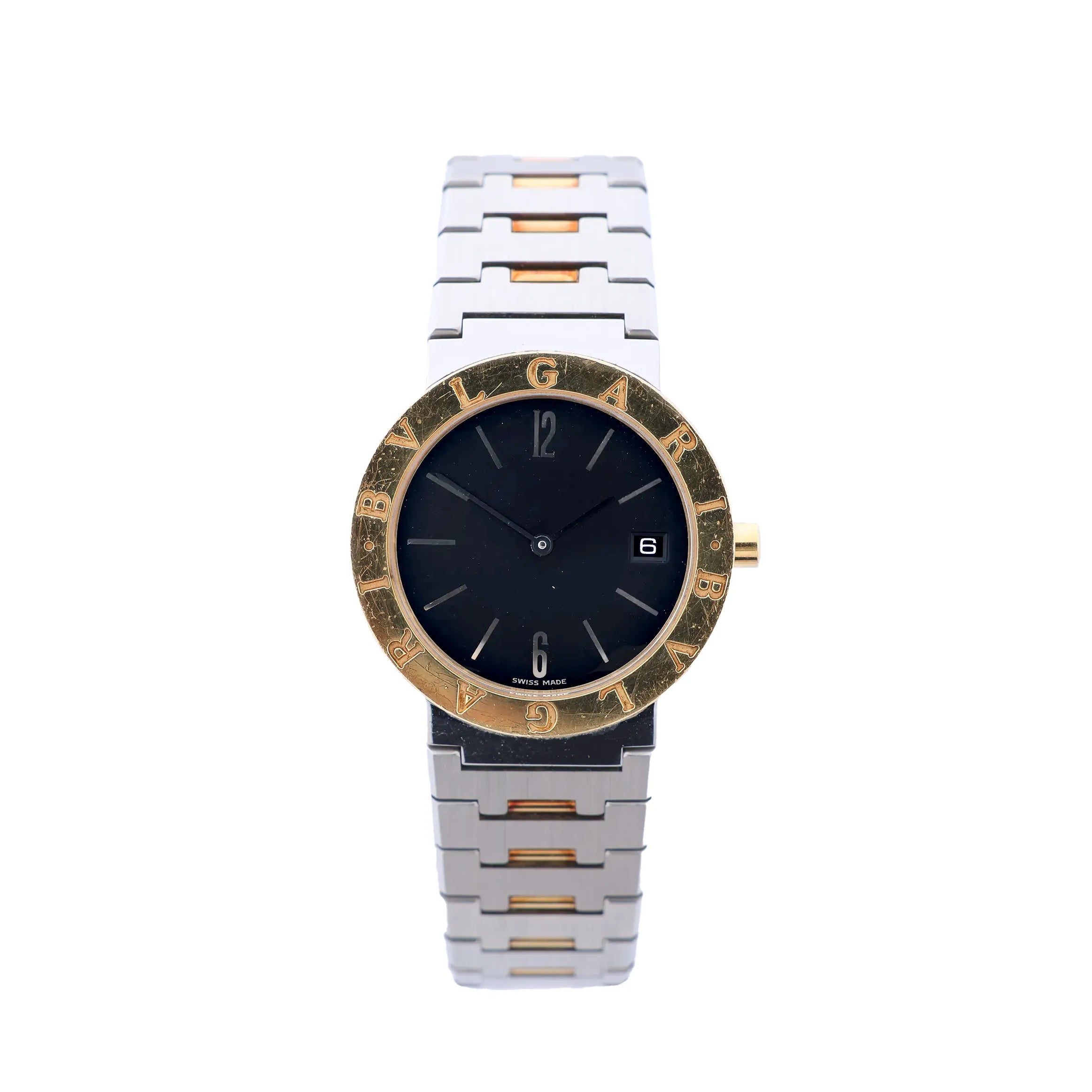 Bvlgari Bvlgari BB33SGD watch with black dial, gold-tone logo bezel, stainless steel and yellow gold bracelet, date window, and round case on white background.