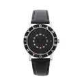 Front view of a Bvlgari Bvlgari watch with a black dial, white 24-hour scale, red-tipped GMT hand, engraved bezel and black leather strap.
