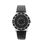 Front view of a Bvlgari Bvlgari watch with a black dial, white 24-hour scale, red-tipped GMT hand, engraved bezel and black leather strap.