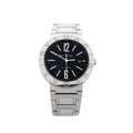 BVLGARI Bvlgari Bvlgari stainless steel bracelet watch with black dial, engraved BVLGARI bezel, large 12 and 6 numerals, and date window at 3 o’clock
