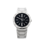 BVLGARI Bvlgari Bvlgari stainless steel bracelet watch with black dial, engraved BVLGARI bezel, large 12 and 6 numerals, and date window at 3 o’clock