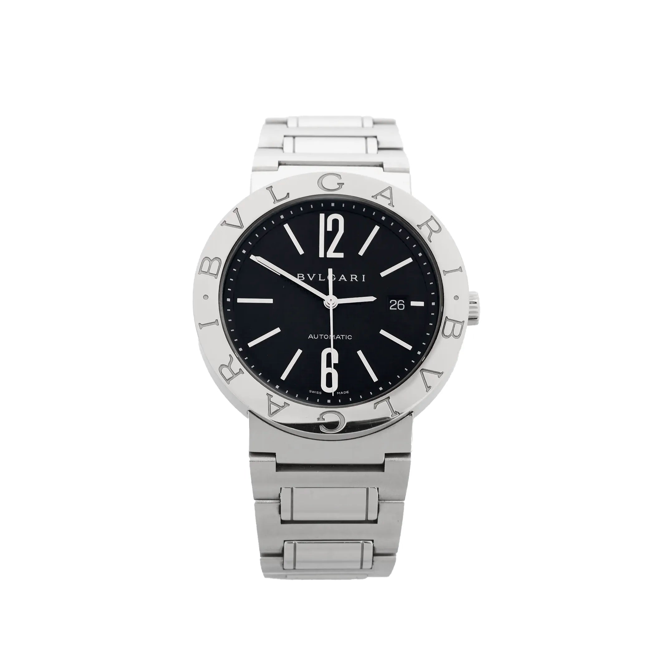 BVLGARI Bvlgari Bvlgari stainless steel bracelet watch with black dial, engraved BVLGARI bezel, large 12 and 6 numerals, and date window at 3 o’clock