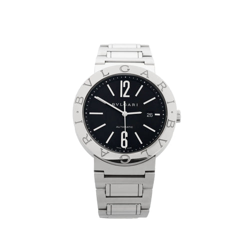 BVLGARI Bvlgari Bvlgari stainless steel bracelet watch with black dial, engraved BVLGARI bezel, large 12 and 6 numerals, and date window at 3 o’clock