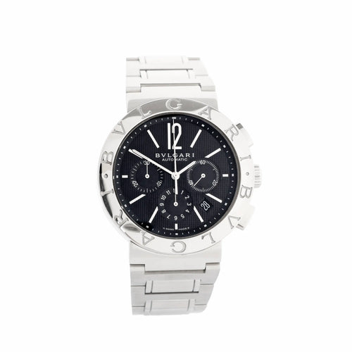 BVLGARI Bvlgari Bvlgari stainless steel chronograph watch with black textured dial, three subdials, date window near 4 o’clock, and engraved BVLGARI bezel