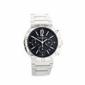 BVLGARI Bvlgari Bvlgari stainless steel chronograph watch with black textured dial, three subdials, date window near 4 o’clock, and engraved BVLGARI bezel
