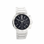 BVLGARI Bvlgari Bvlgari stainless steel chronograph watch with black textured dial, three subdials, date window near 4 o’clock, and engraved BVLGARI bezel