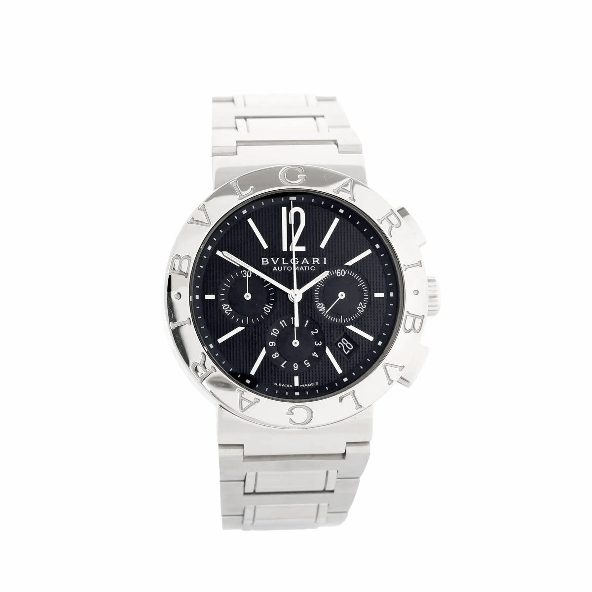 BVLGARI Bvlgari Bvlgari stainless steel chronograph watch with black textured dial, three subdials, date window near 4 o’clock, and engraved BVLGARI bezel