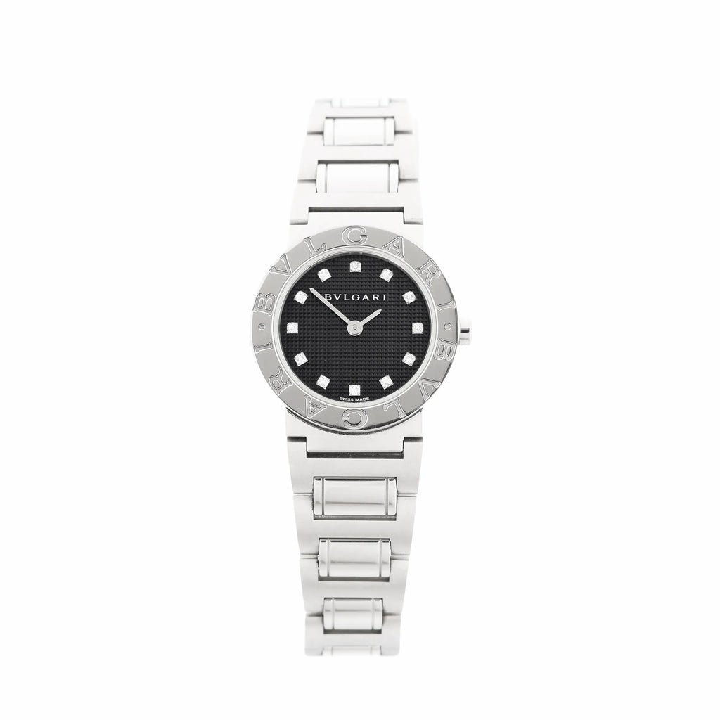 BVLGARI Bvlgari Bvlgari stainless steel bracelet watch with black textured dial, diamond hour markers, and engraved BVLGARI bezel
