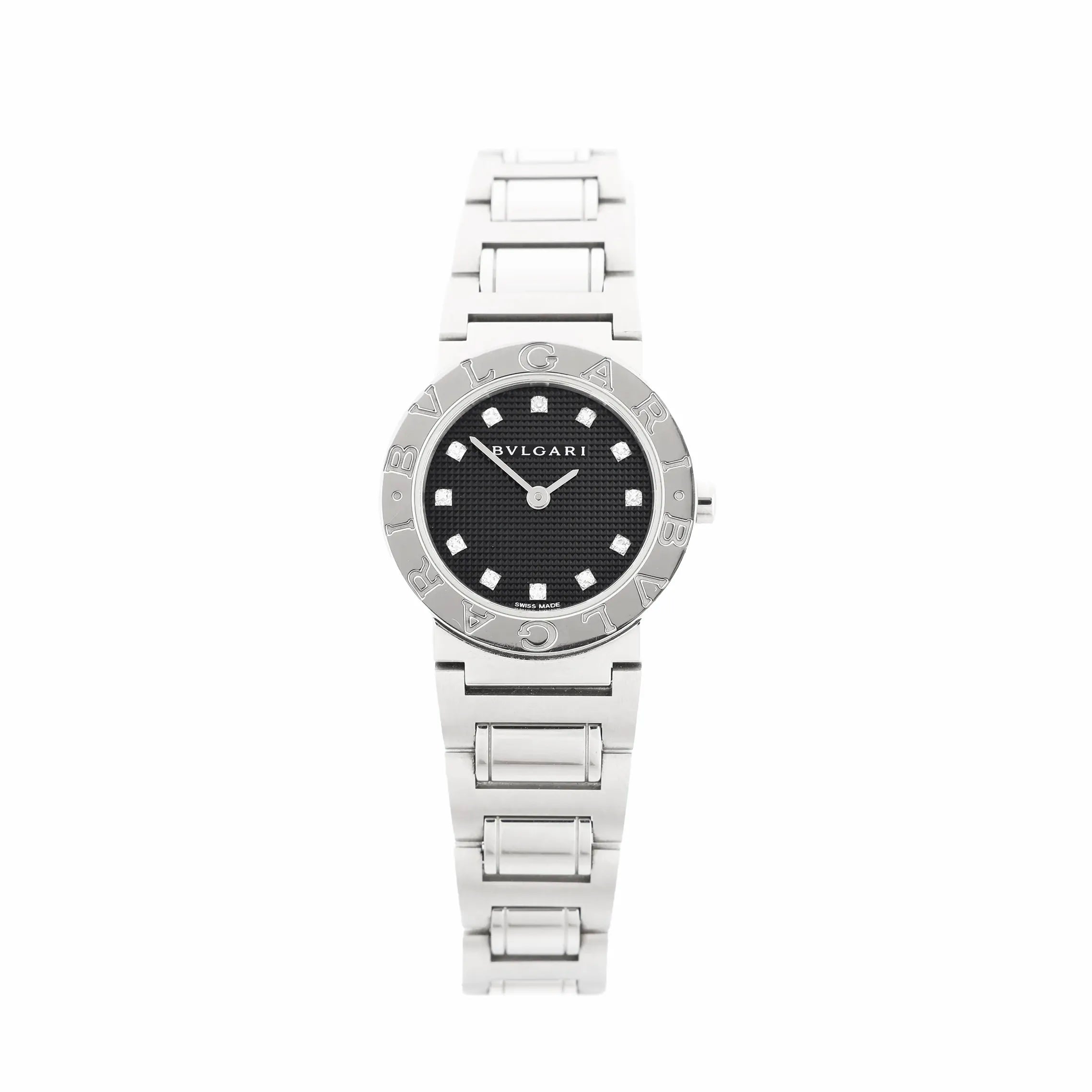 BVLGARI Bvlgari Bvlgari stainless steel bracelet watch with black textured dial, diamond hour markers, and engraved BVLGARI bezel