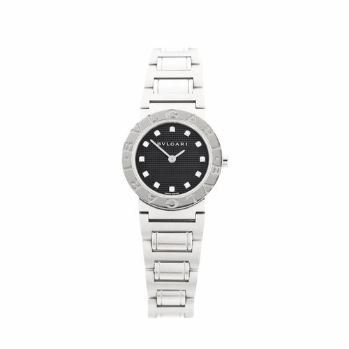 BVLGARI Bvlgari Bvlgari stainless steel bracelet watch with black textured dial, diamond hour markers, and engraved BVLGARI bezel