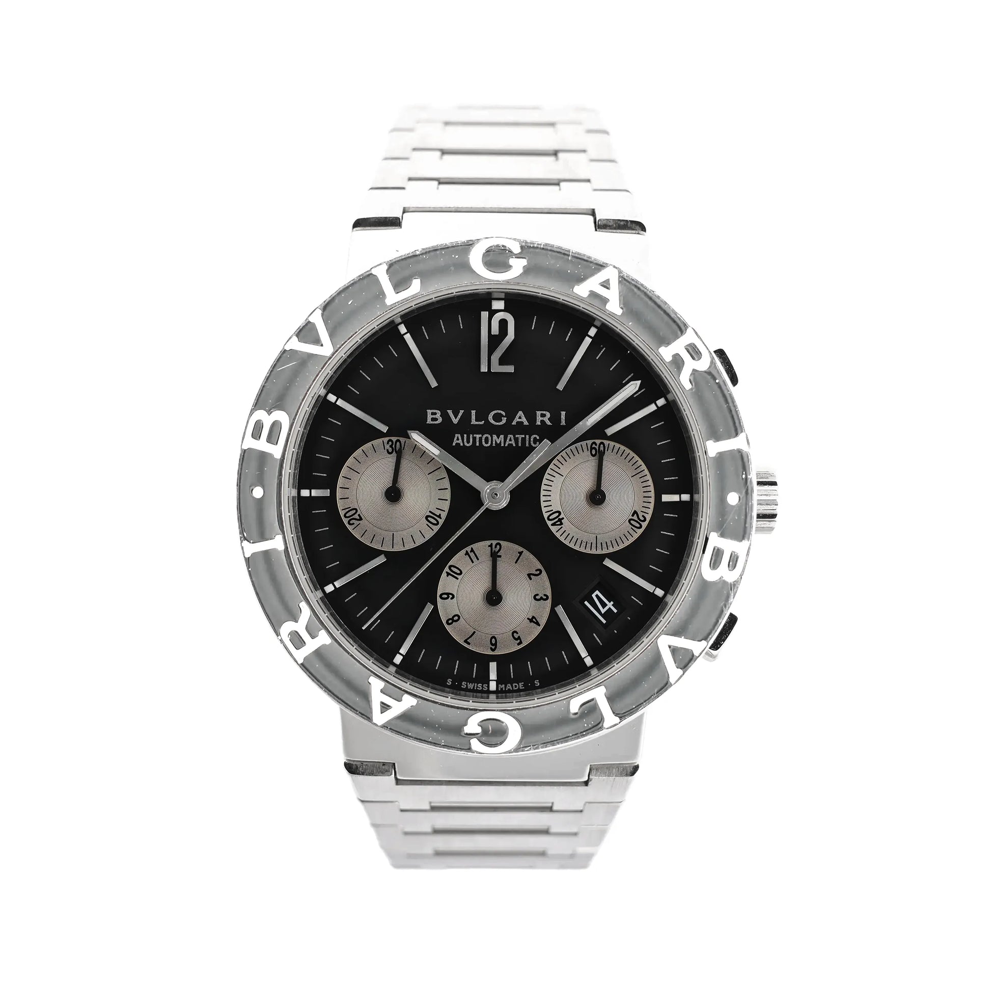 Bvlgari BB38SSCH stainless steel chronograph watch with black dial, silver subdials, engraved bezel, and date display at 4 o'clock.