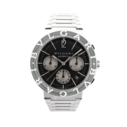Bvlgari BB38SSCH stainless steel chronograph watch with black dial, silver subdials, engraved bezel, and date display at 4 o'clock.