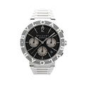 Bvlgari BB38SSCH stainless steel chronograph watch with black dial, silver subdials, engraved bezel, and date display at 4 o'clock.