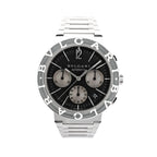 Bvlgari BB38SSCH stainless steel chronograph watch with black dial, silver subdials, engraved bezel, and date display at 4 o'clock.