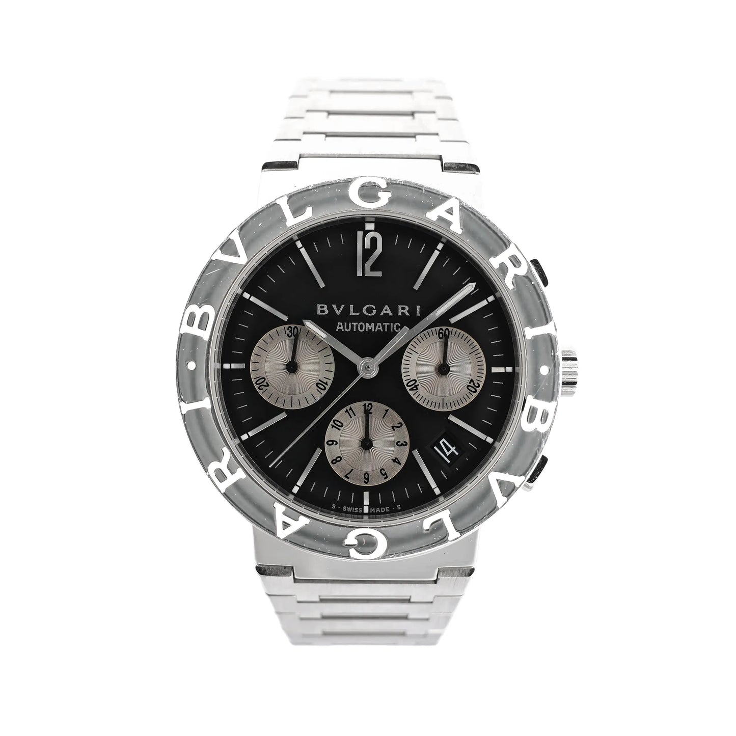 Bvlgari BB38SSCH stainless steel chronograph watch with black dial, silver subdials, engraved bezel, and date display at 4 o'clock.