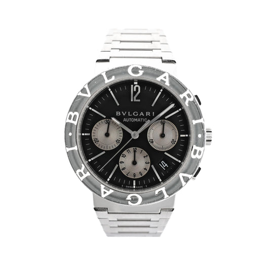 Bvlgari BB38SSCH stainless steel chronograph watch with black dial, silver subdials, engraved bezel, and date display at 4 o'clock.