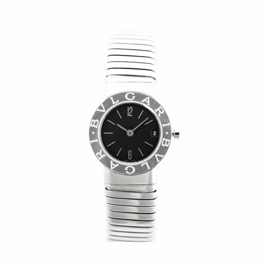 Bvlgari Bvlgari Tubogas BB232TS watch with black dial, stainless steel case, engraved bezel, date window, and signature coiled Tubogas bracelet, displayed on a white background.