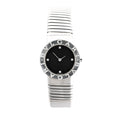 Bvlgari BB262TS Tubogas stainless steel watch featuring a black dial with four diamond hour markers and a coiled bracelet design.