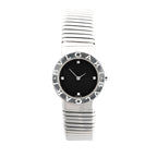 Bvlgari BB262TS Tubogas stainless steel watch featuring a black dial with four diamond hour markers and a coiled bracelet design.