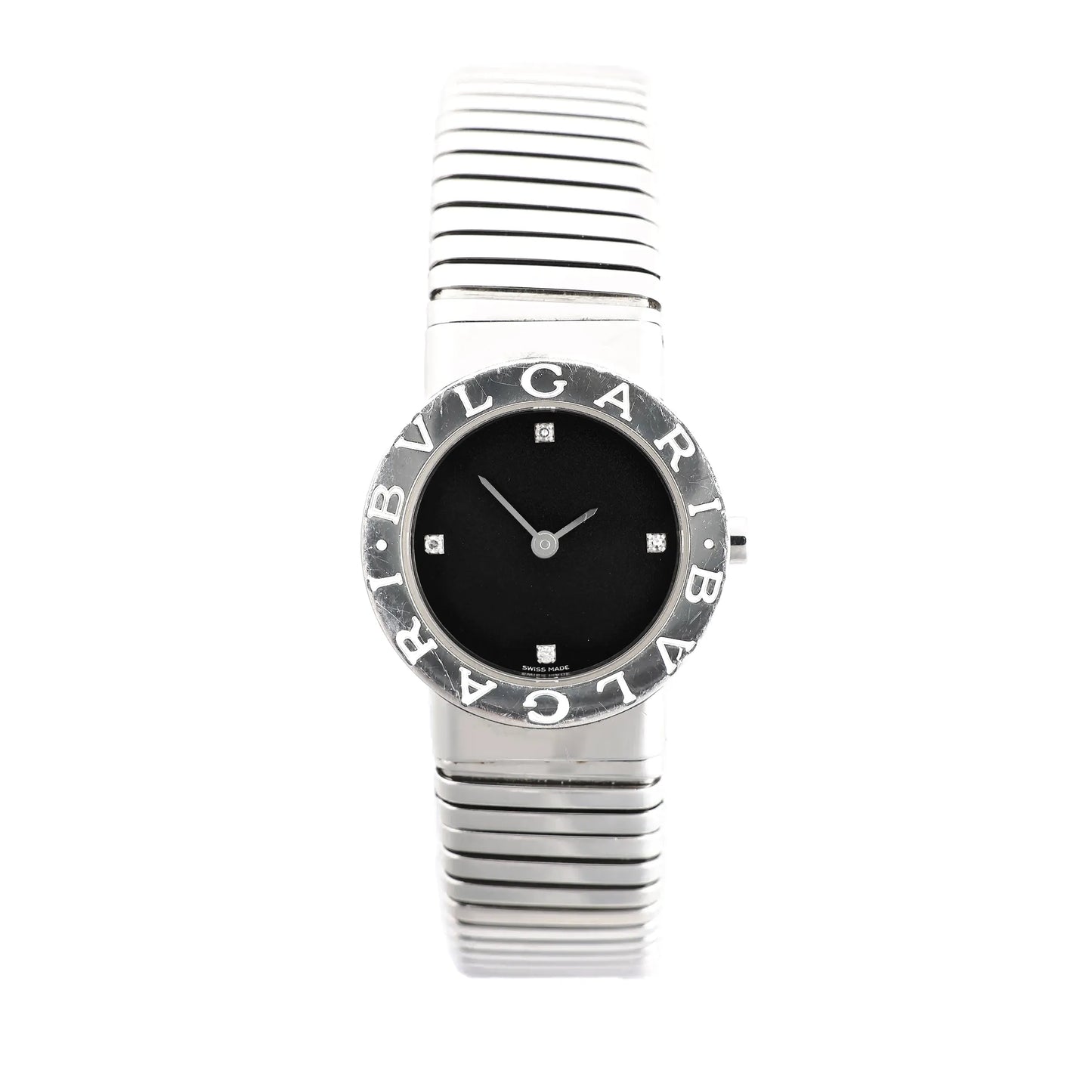 Bvlgari BB262TS Tubogas stainless steel watch featuring a black dial with four diamond hour markers and a coiled bracelet design.
