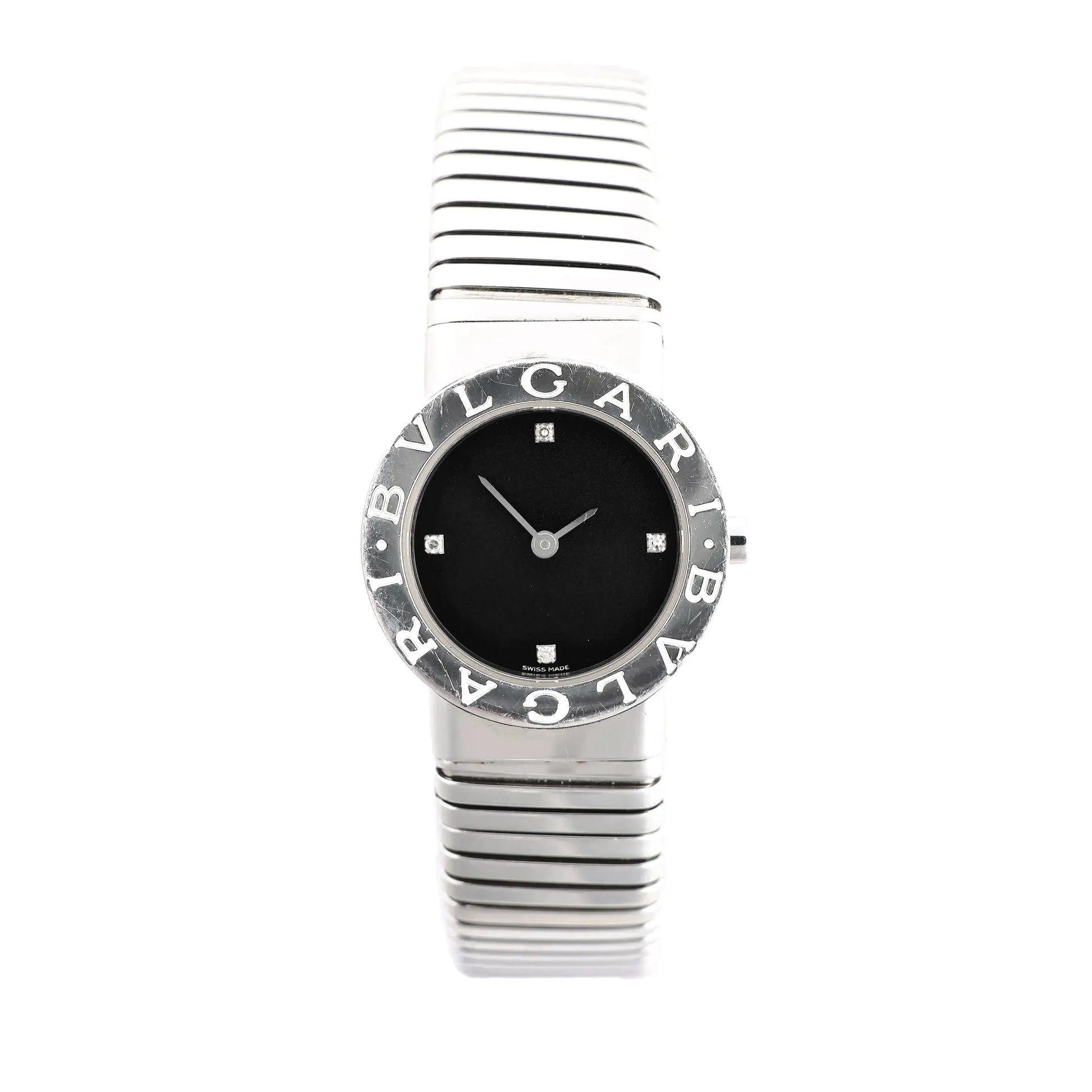 Bvlgari BB262TS Tubogas stainless steel watch featuring a black dial with four diamond hour markers and a coiled bracelet design.