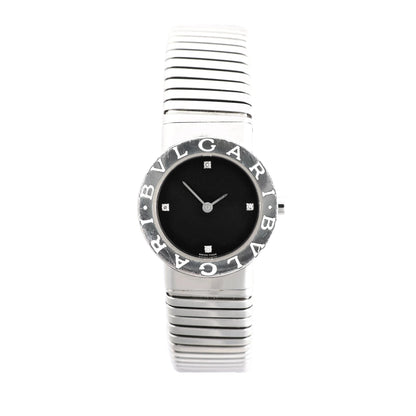 Bvlgari BB262TS Tubogas stainless steel watch featuring a black dial with four diamond hour markers and a coiled bracelet design.