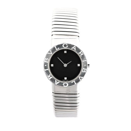 Bvlgari BB262TS Tubogas stainless steel watch featuring a black dial with four diamond hour markers and a coiled bracelet design.