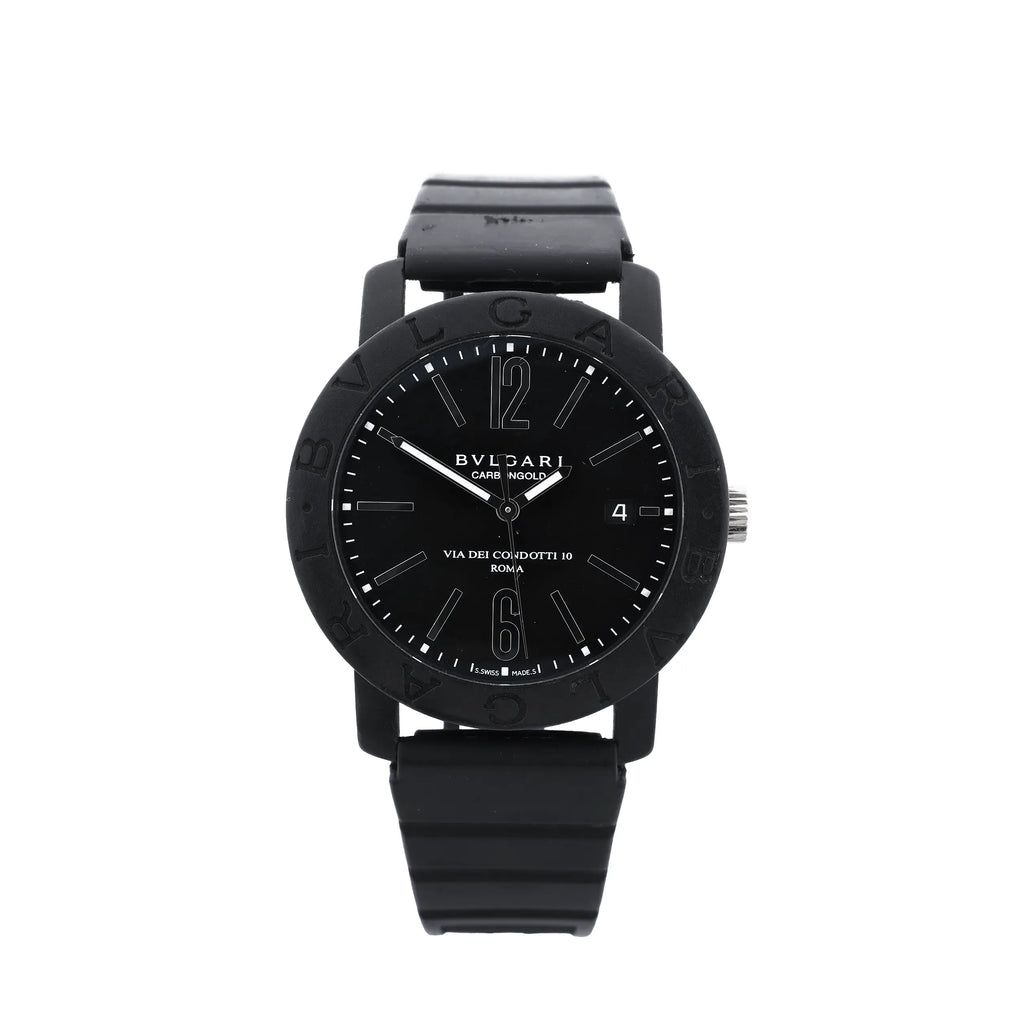 Bvlgari BB40CL black carbon and stainless steel watch with black dial, logo bezel, date window, rubber strap and silver-tone crown on white background.