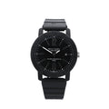Bvlgari BB40CL black carbon and stainless steel watch with black dial, logo bezel, date window, rubber strap and silver-tone crown on white background.