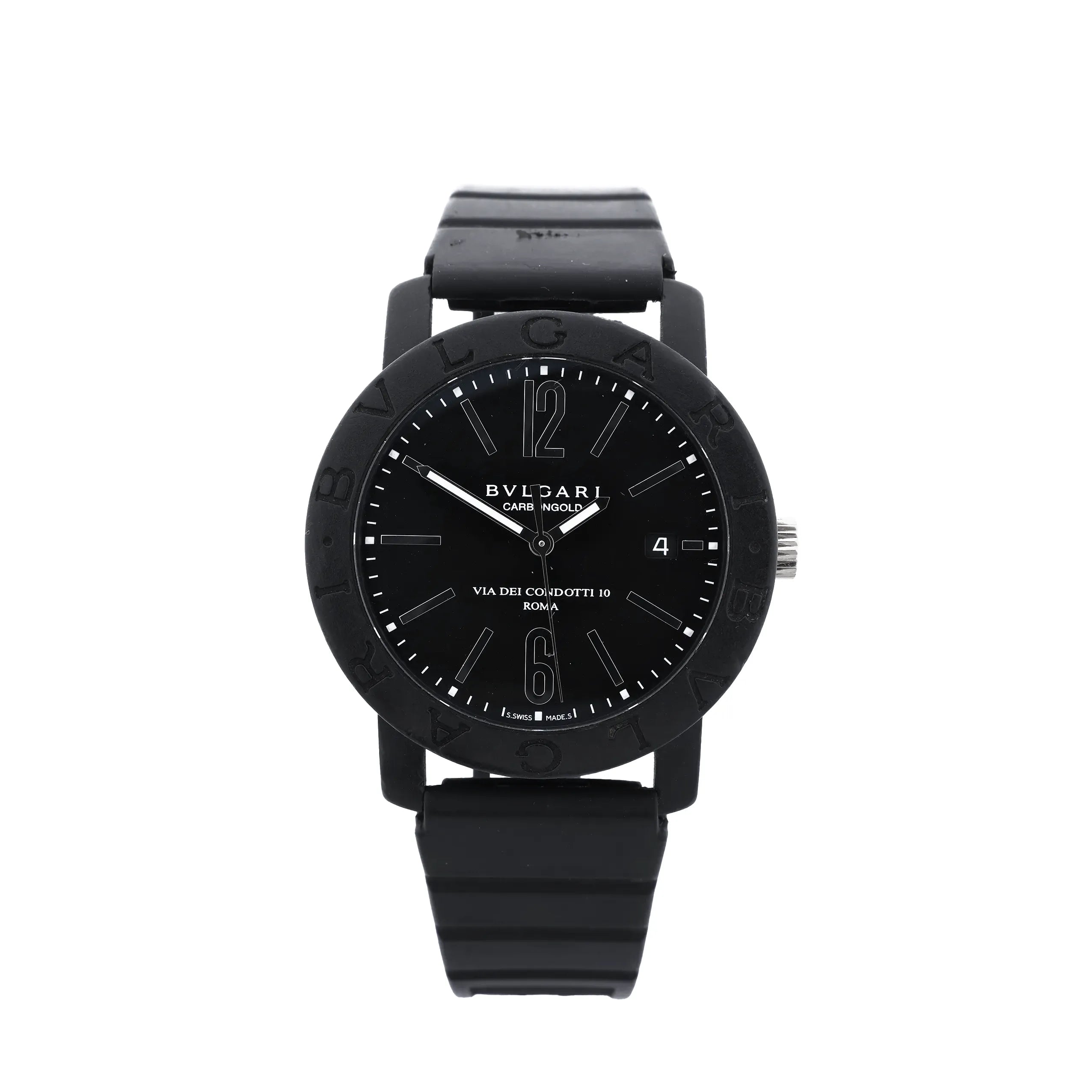 Bvlgari BB40CL black carbon and stainless steel watch with black dial, logo bezel, date window, rubber strap and silver-tone crown on white background.
