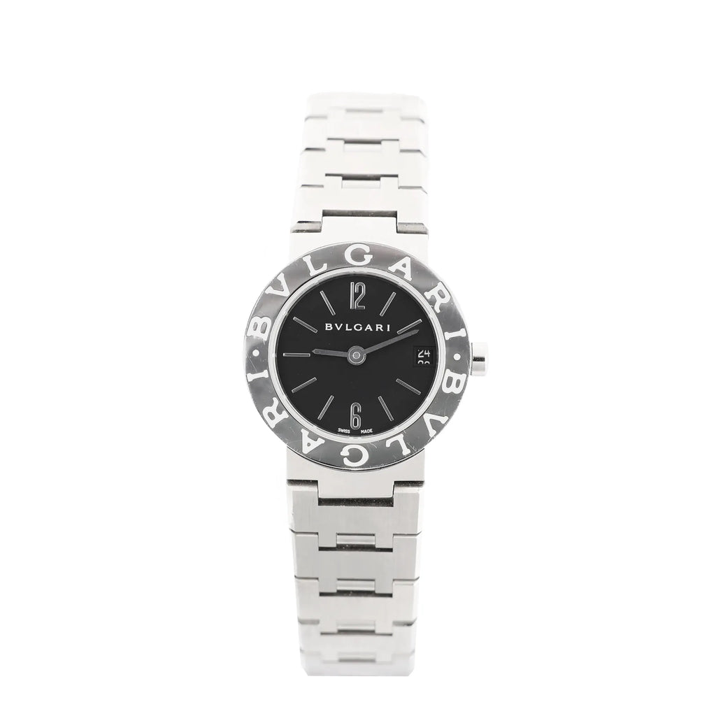Bvlgari BB23SS L388604 stainless steel quartz watch with black dial, minimalist hour markers, and signature Bvlgari Bvlgari engraved bezel.