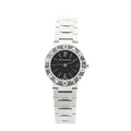 Bvlgari BB23SS L388604 stainless steel quartz watch with black dial, minimalist hour markers, and signature Bvlgari Bvlgari engraved bezel.