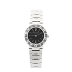 Bvlgari BB23SS L388604 stainless steel quartz watch with black dial, minimalist hour markers, and signature Bvlgari Bvlgari engraved bezel.